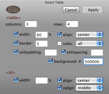 Insert Table Window